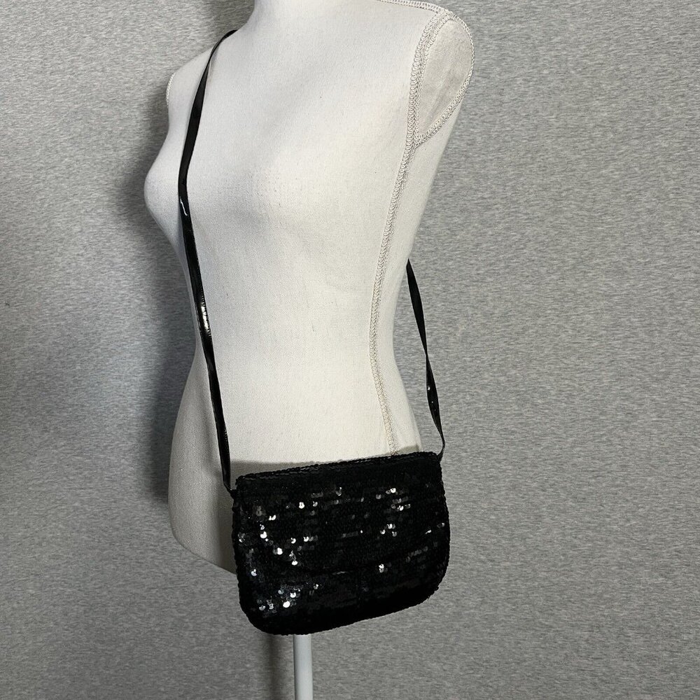 Vintage Frederico Leone Black Sequin Small Evening Bag Clutch Strap Holiday - Picture 2 of 11
